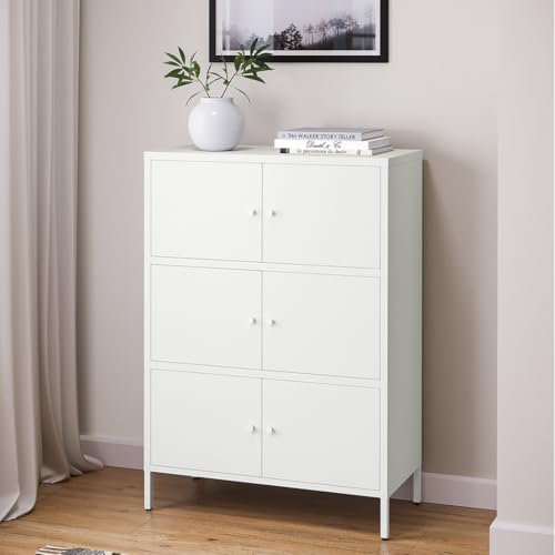 skølm Metallkommode Atriona, Wohnzimmerschrank mit 3 Fächern weiß, Sideboard, Mehrzweckschrank Stahl 3x2, 113x80x38 cm