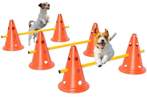 PawHut Dog Agility Equipment Set, Portable Pet Jump Training Kit for Eight Cones, Eight Poles with Carry Bag, Four-Piece Adjustable Height Jumping Obstacles, Orange