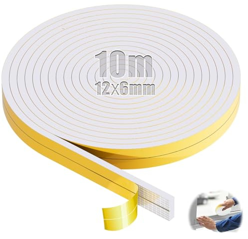 SWTYExt Moosgummi Selbstklebend 12mm(B) x6mm(D) Schaumstoffband 10m Weiß | Vorlegeband, Dichtband, Türdichtung, Dichtungsband, für Fensterfugen, Schranktürkanten, Kochfelder