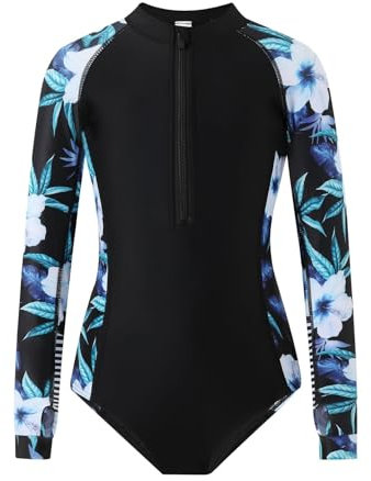OXUBOAO Kids Swimming Costume for Girls Long Sleeve Swimsuit Girls One Piece Bathing Suit Floral Zipper Swim Suit (Black,10-12T)