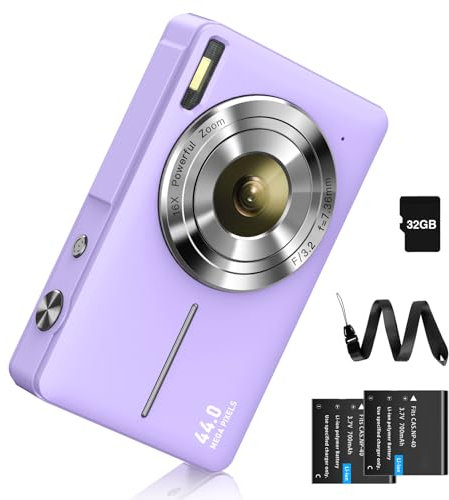 Digitalkamera 44MP Fotokamera FHD 1080P Fotoapparat mit 32G Karte 16X Digitalzoom Digital Kamera mit Batterie Tragbare Einfache Digitalkamera für Kinder Student Teenager Anfänger Senioren (Lila)