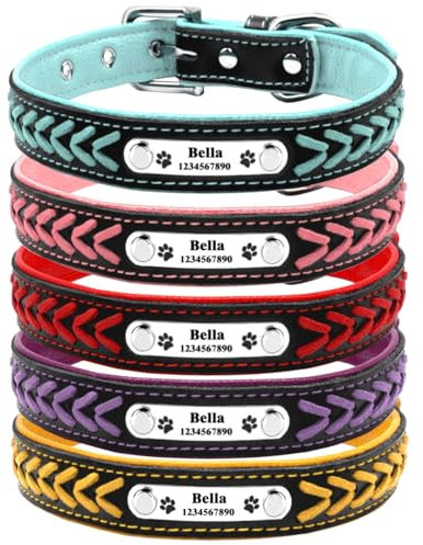 CollarCraze Personalised Dog Collars For Small Medium Large Dogs, Custom Braided Leather Dog Collars with Nameplate, Option To Blue,Pink,Red,Purple,Yellow