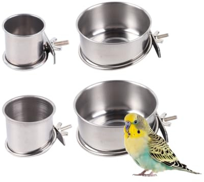 Kellegour Bol d'alimentation pour Oiseaux,4pcs Bol d'alimentation en Acier Inoxydable,Bol d'alimentation De Perroquet,Gobelet à Nourriture d'oiseaux avec Support,Mangeoire à Perroquet pour Aliments