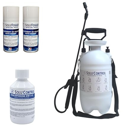 Puces : Kit complet SoluPuce pour 50 m² – 1 insecticide concentré Emulsphrine EW++S 250 ml, 2 aérosols one-shot Solu'Fogger, 1 pulvérisateur 5L – Traitement efficace contre les puces