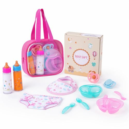 BABESIDE 13 Pcs Baby Doll Accessories Set with Magic Bottles Diapers Pacifiers and Storage Bag, Baby Doll Feeding Set with Realistic Baby Doll Accessories for Girls Pretend Play Toys
