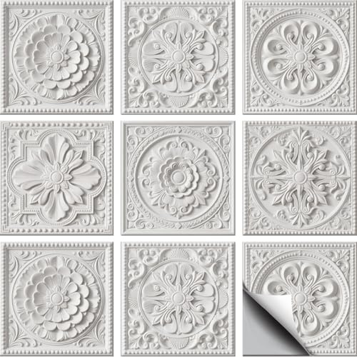 CHGCRAFT 36 Pcs 6 Style 3D Relief White Flowers Style Patten Tile Sticker Wall Tile Stickers Waterproof Self Adhesive Stick on Decals for Kitchen Bathroom Wall Art 4×4 Inch