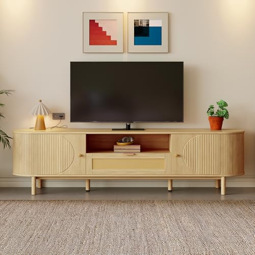 FammyLoft TV-Schrank bis 70 Zoll mit Rattan-Schubladen, Lowboard mit Offenen Fächern, Fernsehtisch mit Abgerundeter Tischplatte, TV Stand, Fernsehschrank, TV-Board, TV-Kommode, 175cm, Natur