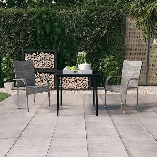 Owoxanthellate 3tlg Garten-Essgruppe 80x80 cm, PE-Rattan, Stahlrahmen, Glastisch, Armlehnstühle, Grau-Schwarz, Terrasse/Balkon