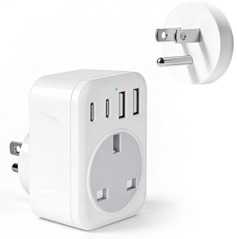 UK to US Plug Adaptor,UK to USA & Worldwide Travel Adaptor, 5-in-1 US Plug Adapter with 3 USB and 1 USB-C Port (17W Fast Charger), for USA, Canada, Thailand, Mexico, Colombia – Type B