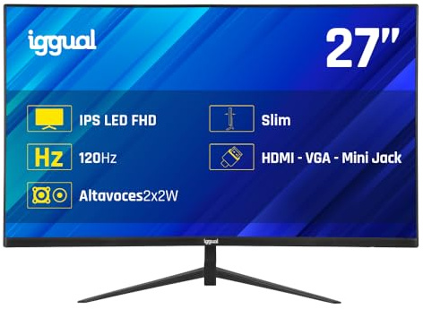 iggual Monitor Profesional 27” con Altavoces Integrados- Panel IPS(1920x1080)@120Hz (FHD)-Respuesta 1ms- Pantalla Frameless 99% sRGB-Conexiones: VGA y HDMI-Flicker Free- Compatible VESA -Negro