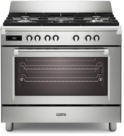 De'Longhi BS 965 MXX - Cocina de gas, 90 cm, horno eléctrico multifunción, 5 fuegos, parrillas de hierro fundido, True Fan Cooking, grill ventilado, color inoxidable, clase energética A