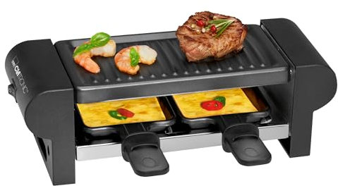 Clatronic® Raclette 2 Personen | Mini Raclette mit ca. 20,5 x 10,5 cm Grillfläche | für Grillen & Überbacken | antihaftbeschichtete Grillplatte & Pfännchen | 350W | RG 3592