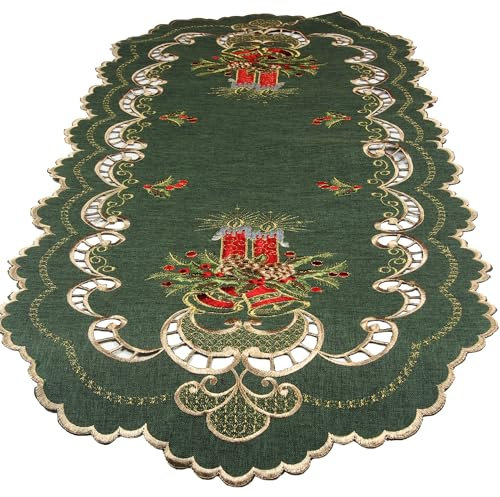 HanaQi Dunkel-Grün Weihnachten Tischläufer Tischdecke Leinen-Optik mit Rot Kerzen Stickerei (ca. 45x110 cm Oval)