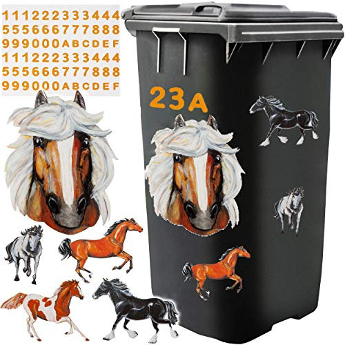 alles-meine.de GmbH 2* Aufkleber für Mülltonne - Pferde - 5 TLG. Set - incl. Zahlen/Hausnummer - Nummern Mülltonnenaufkleber/Mülltonnensticker - Sticker - wetterfest & wa..