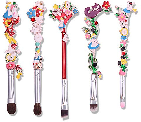 Lot de 5 pinceaux de maquillage Alice au pays des merveilles avec fibre synthétique de qualité supérieure et poignée en métal pour fard à joues, fond de teint, sourcils, fard à paupières et lèvres,
