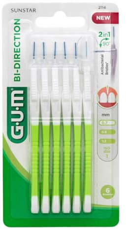 GUM Bi-Direction - Cepillos interdentales (6 unidades, 0,7 mm), color verde/blanco