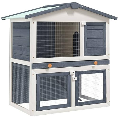 vidaXL Holz Kaninchenstall 3 Türen Grau Hasenstall Kaninchenkäfig Hasenkäfig
