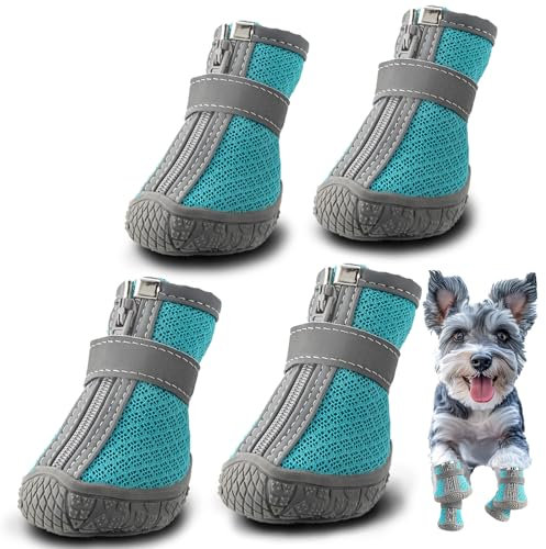 Hcpet Pfotenschutz Hundestiefel, Breathable Hundeschuhe mit Reflektierenden Riemen, Welpenschuhe für Kleine Hunde im Freien, rutschfeste Sohle Hundeschnee Stiefel, 4 Stück