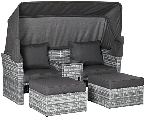 Outsunny 3 Pieces Outdoor PE Rattan Patio Furniture Set Daybed 2-Seater Sofa Footstool Tempered Glass Coffee Table Conversation Set with Retractable Canopy, Olefin Cushion