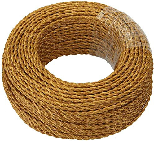10m 3 Core Twisted Vintage Italian Style Braided Electrical 6mm Cable with Earth Wire, Antique Rope Woven Silk Lighting Flexible Fabric 0.75mm Cord, DIY Pendant Light, VDE Certification (Gold)
