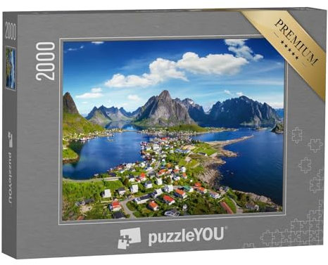 puzzleYOU: Puzzle 2000 Teile „Dorf Reine unter einem sonnigen, blauen Himmel, Lofoten, Norwegen“ – aus der Puzzle-Kollektion Norwegen