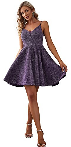 Ever-Pretty Vestiti da Sera Senza Schienale Linea ad A Senza Maniche Scollo a V Senza Schienale Brillantini Mini Donna Viola Scuro 36EU