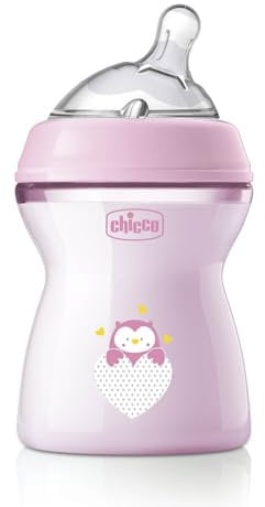 Chicco Natural Feeling Biberon Anti-Colique 2M plus 250ml Biberon avec Tétine en Silicone - Flux Moyen - Couleur Rose