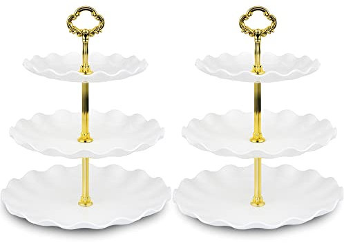 NWK Pack of 2 Large Stable 3-Tier Cupcake Stand 30cm Height Plastic Cake Stand Food Round Display for Wedding Birthday Graduation Afternoon Tea Party (Gold, Large)