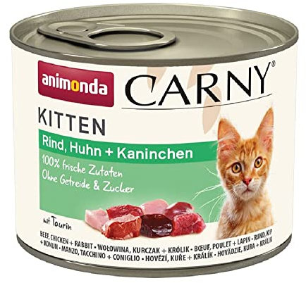 animonda Carny Katzen Nassfutter Kitten Rind + Huhn + Kaninchen (12 x 200g), Kitten getreidefreies Katzennassfutter ohne Zucker für wachsende Kätzchen bis 1 Jahr, mit frischen Zutaten