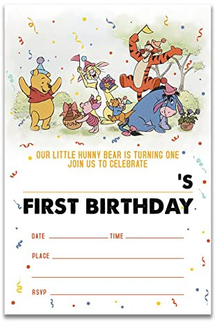 Dolimifa Einladungskarten zum 1. Geburtstag, Motiv Winnie Puuh, Vintage, zum ersten Geburtstag, 20 Stück mit Umschlägen