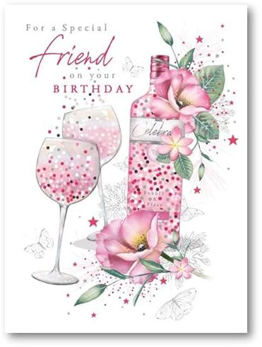 Noel Tatt Special Friend' General Female Birthday Card for Women - Gin Bottle, Glasses & Flowers Embossed with Foil Details - Eco-Friendly & Recyclable
