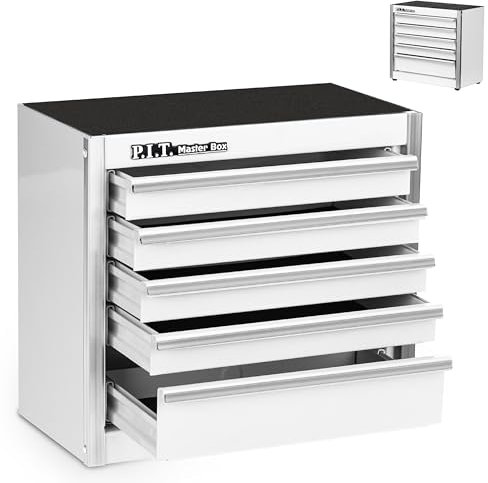P.I.T. Mini White Tool Box, Portable 5-Drawer Micro Roll Cab Steel Stackable Tool Box with Liner, White Small Tool Case for Tools Storage and Organizers, Home DIY