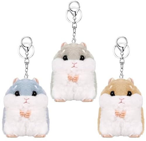 Smilcloud 3 Stück Hamster Schlüsselanhänger, Schlüsselanhänger mit Hamster-Schlüsselanhänger, Süßer Weicher Plüsch-Schlüsselanhänger, Tasche Anhänger, Tier-Schlüsselanhänger (Grau Blau Braun)