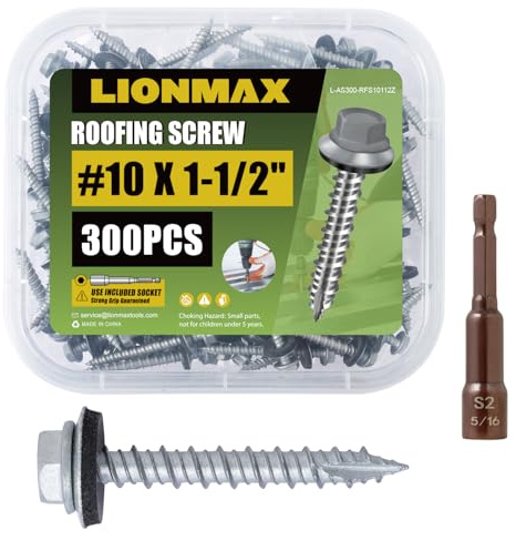 LIONMAX Metal Roofing Screws #10 × 1-1/2 Inch, 300-PCS, Rustproof Coating Hex Head Sheet Metal to Wood Siding Screw with Rubber Washer, Sharp Point, Hex Socket Included