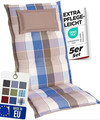gardisun Gartenstuhlauflagen Hochlehner mit Kopfteil I Extra Dicke Sitzauflagen I Made in Europe I Polsterauflagen für Hochlehner I Auflagen mit extra hohem Komfort I 5er Set I Blau-Braun-Kariert