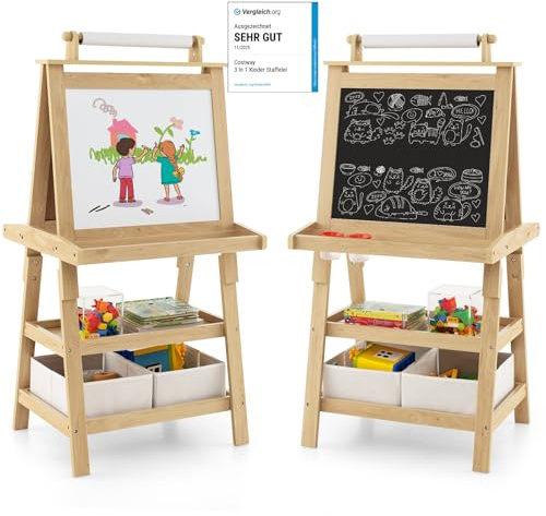 COSTWAY 3 en 1 Tableau Enfants Double Face avec Rouleau de Papier, Chevalet Enfants avec 2 Etagères et 2 Boîtes de Rangement, Structure Triangulaire, Jouet de Dessin pour Enfants de 3 Ans+