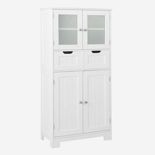 LIFEZEAL Mobiletto Bagno Salvaspazio in Legno, Armadio a 2 Ante in Vetro, Arredo Grande 60x30x128 cm, Mobile Dispensa Cucina con 2 cassetti, Vetrinetta Soggiorno Moderno e Alta, (bianco)