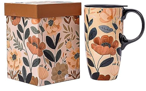 DUSVALLY Coffee Mug Coffee Ceramic Mugs Latte Tea Cup with Lid and Gift Box 17oz.Big Mug,Flowers