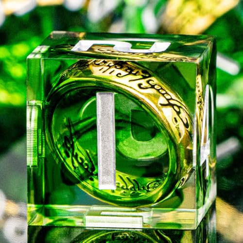 ORIFANTOU - Magischer Goldring DND-Würfel-Set mit Etui, grünes Harz mit scharfer Kante D und D zur Verwendung mit D&D Tabletop Games Lord handgefertigte polyedrische Würfel D20 D12 D10 D8 D6 D4