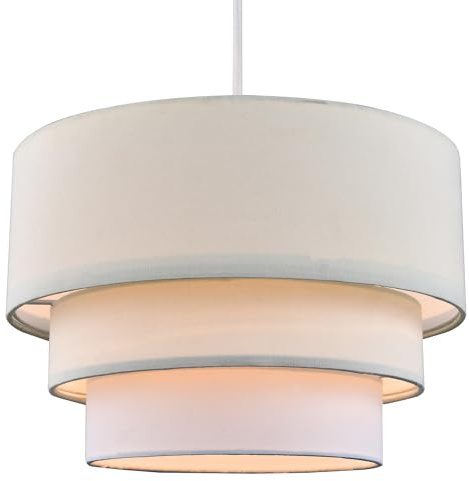 Contemporary Round Triple Tier Cream and White Cotton Fabric Designer Pendant Lighting Shade | 60w Maximum | Modern Style | 30cm Diameter by Happy Homewares