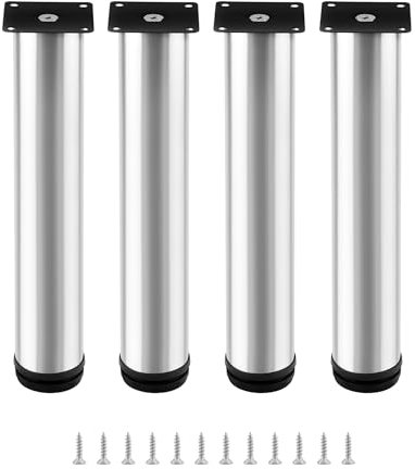 QWORK® 4 Adjustable Furniture Legs - 300-310mm Height, 50mm Diameter, Stainless Steel Bed & Cabinet Legs with Screws