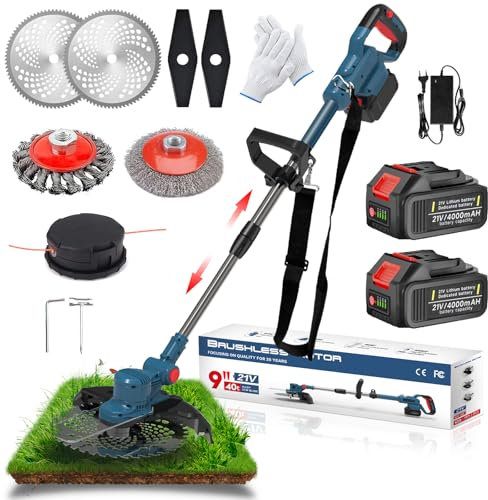 Coupe Bordure sans Fil avec Batterie Brushless Débroussailleuse à Batterieavec 21V 2 Batteries, Débroussailleuse Electrique sans Fil pour la Coupe 90° Poignée Réglable, pour Jardin Élagage