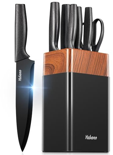 Yabano Couteau Cuisine, 7 Pièces Set Couteau Cuisine en Acier Inoxydable, Ustensiles de Cuisine avec Bloc Couteaux, Compris Couteau de Chef Pain etc