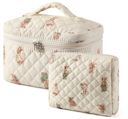 uekeboag 2-teiliges Make-up-Taschen-Set mit Blumenmuster, gesteppt, für Damen, Baumwolle, gesteppt, Kosmetiktasche, ästhetisch, niedlich, Reise-Kulturbeutel, 01 weißer Bär
