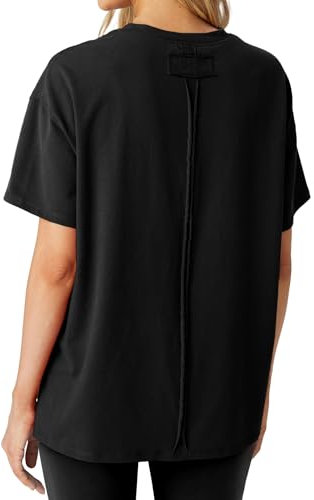 GRECERELLE Womens Summer T Shirts - Cotton Oversized Drop Shoulder Half Sleeve Casual Crew Neck Ladies Tops with Slit Hem for Baggy Fashion (Black XL)