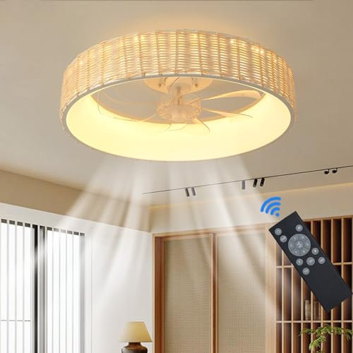 Luyaim Rattan Ceiling Fans with Lights and Remote DC Motor 6 Speed 50CM Silent Modern Round Retro Fan Lights Ceiling for Bedroom Living Room LED Dimmable Winter Summer Reversible