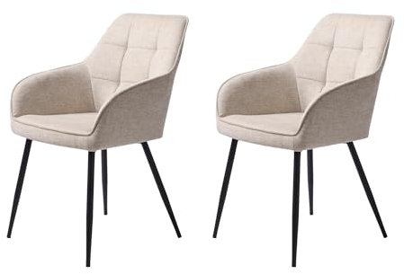 Esszimmerstuhl, 2'er set, Esszimmerstuhl mit armlehne, Küchenstuhl, Polsterstuhl, WohnzimmerstuhL mit Rückenlehne, Sitzfläche aus Polyester, Schwarze Metallbeine, Quadratisches Munster, Beige