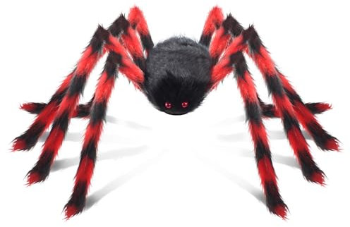 AMLOOPH Giant Scary Spider Halloween Decorations Outdoor Indoor - 59'' Fake Large Hairy Halloween Spider Props Decorations for Spiderweb, Garden, Tree, Party & Haunted House Decor (Red Black)