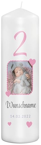 PhotoFancy® - Personalisierte Geburtstagskerze - Fotokerze mit eigenem Foto/Text bedrucken lassen - Kerze mit Geburtstags-Design: Herzen - 29 cm Höhe