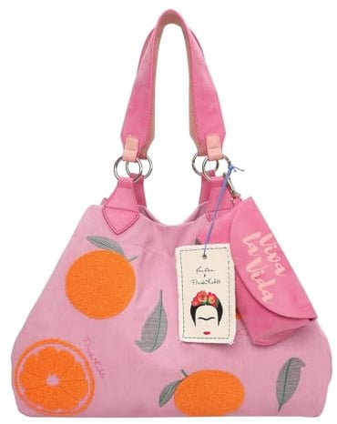 Fritzi x Frida Kahlo Izzy Limited Denim Shopper Damen Schultertasche Handtasche Freizeit Alltag Arbeit Festival Druckknopf Canvas 29 x 42 x 15 cm – Rosa, Pink, Lila, Grün, Orange, Blau